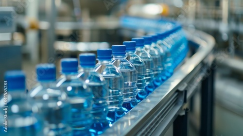 Production and bottling of clean and healthy water in a bottled water production plant. Conveyor with bottles.	
