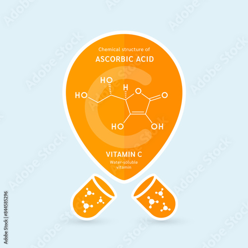 Chemical structure of Ascorbic Acid or Vitamin C. Water soluble vitamins. Pin symbol floats out of the orange capsule. For use in design various products. Vector EPS10.