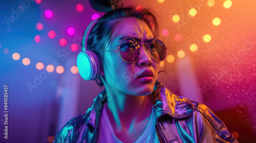 asian girl with sunglasses and heaphones in a neon tunnel