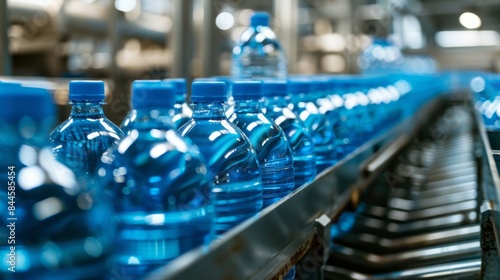 Production and bottling of clean and healthy water in a bottled water production plant. Conveyor with bottles.	
