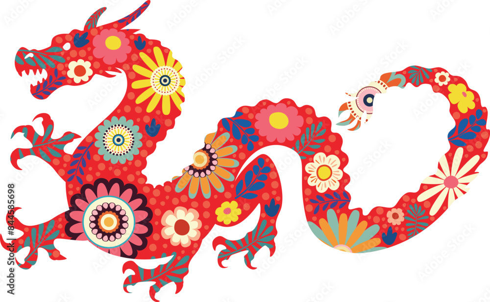 Obraz premium Flowers inside of asian dragon silhouette. Abstract detailed silhouette of asian style dragon with flowers inside of it.