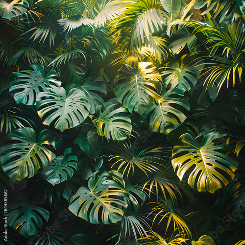 Various tropical plants feature green and yellow leaves in a natural landscape