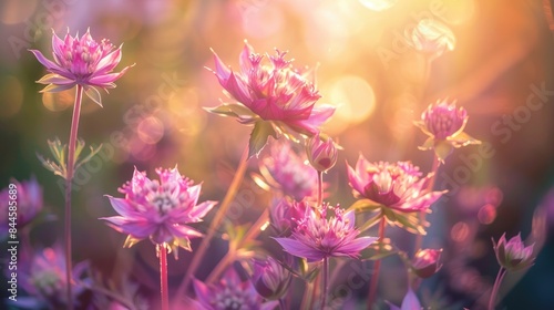 Big fragile pink Astrantia illuminated by the sun