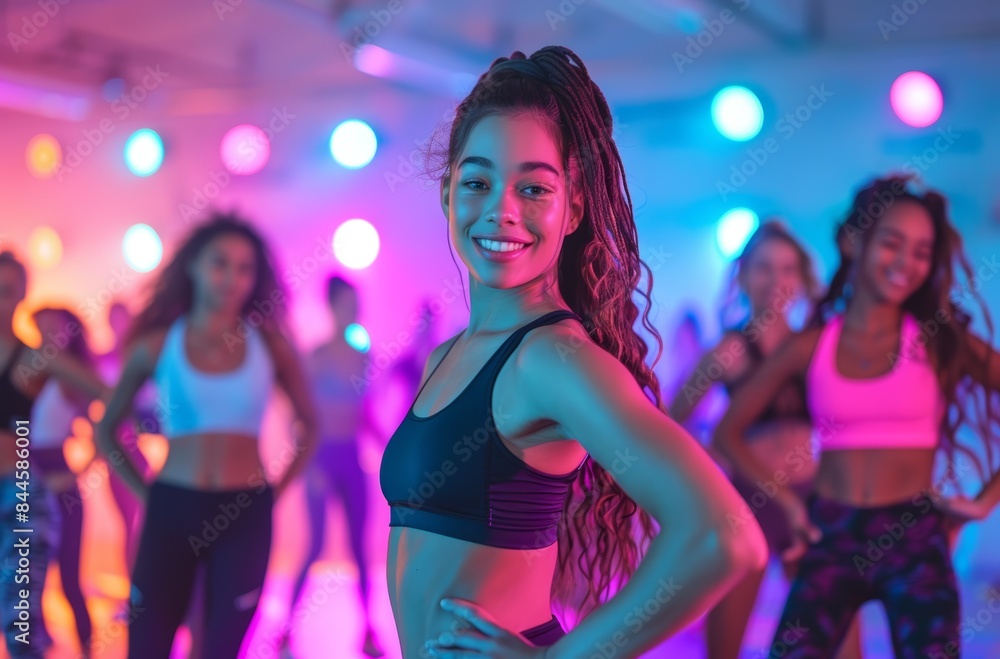 Smiling woman in fitness class with neon lights, joyful and energetic, group background Smiling woman in fitness class with neon lights, joyful and energetic, group background