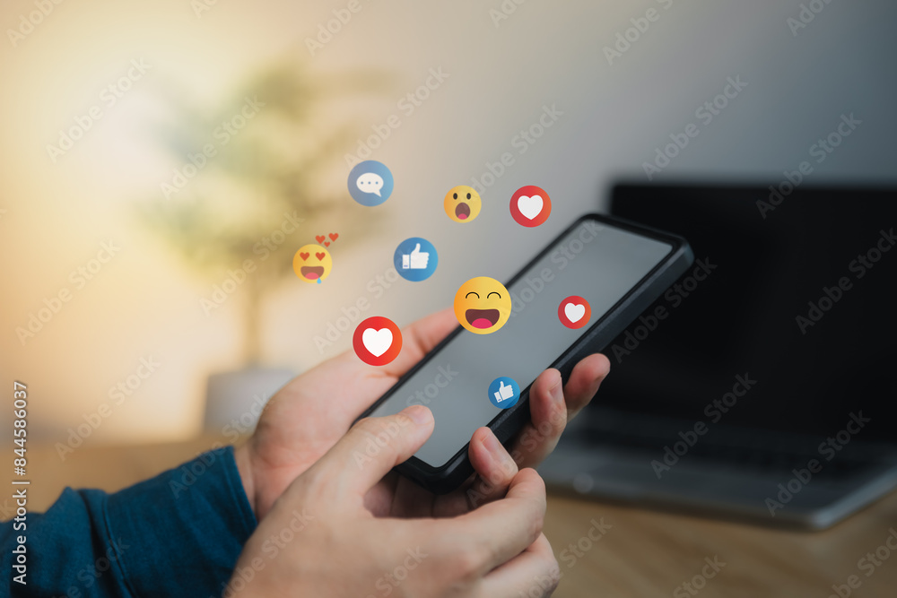 Social media and digital online concept, man using smart phone with Social media. The concept of living on vacation and playing social media. Social Distancing ,Working From Home concept. Social media and digital online concept, man using smart phone with Social media. The concept of living on vacation and playing social media. Social Distancing ,Working From Home concept.