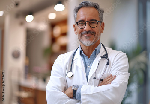Confident middle-aged male doctor with stethoscope and glasses, standing in a medical facility photo