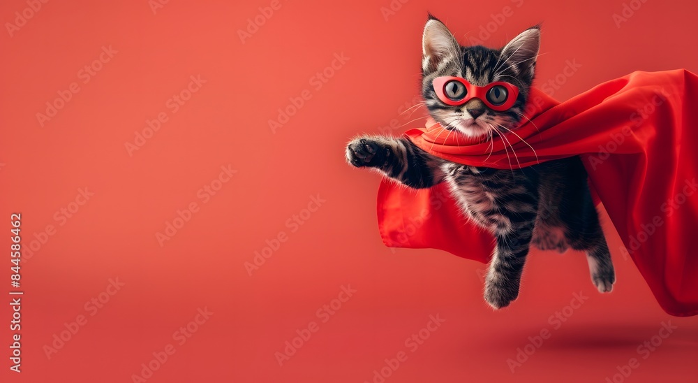 Fototapeta premium Superhero cat with red cloak and mask flying in air. light red background, cute kitty in action, animal superhero concept, award-winning