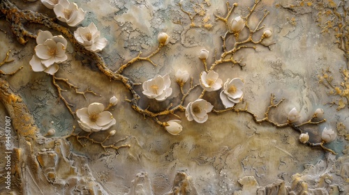 Detailed view of a stucco mural featuring a detailed depiction of a plum blossom with raised texture and gold accents, set against a faint image of a Japanese spring garden.