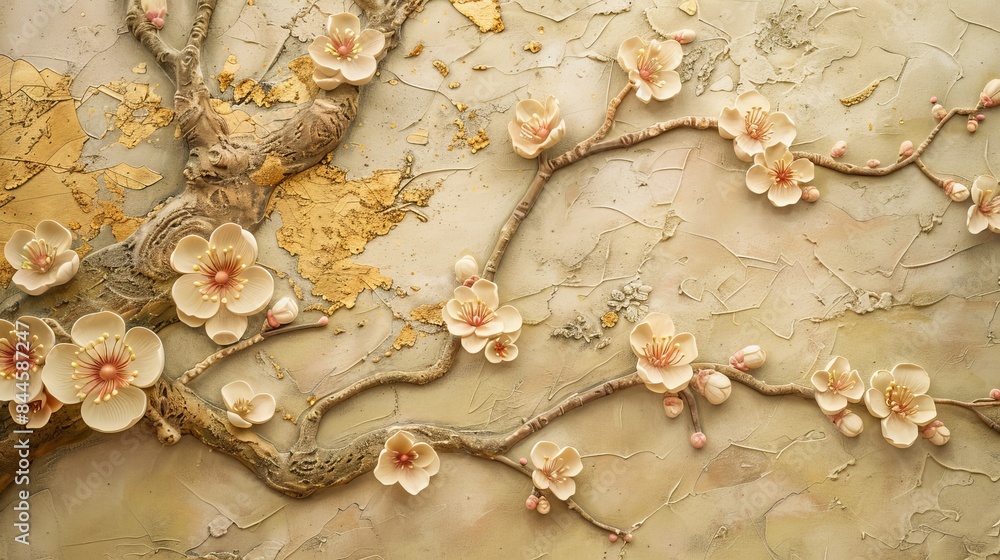 Obraz premium Detailed view of a stucco mural featuring a detailed depiction of a plum blossom with raised texture and gold accents, set against a faint image of a Japanese spring garden.