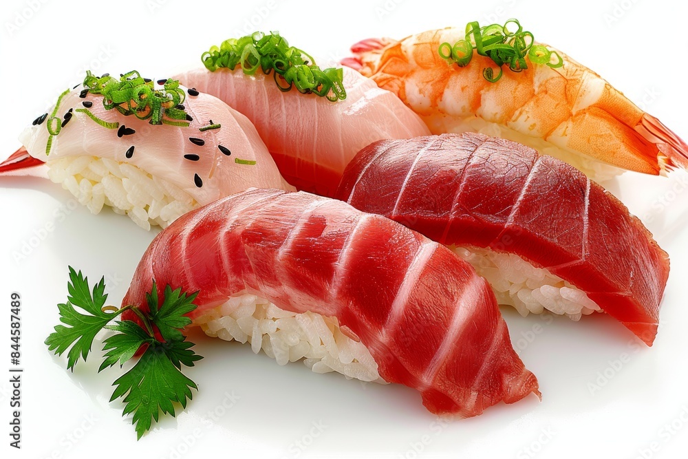 Fresh assorted sushi with salmon, tuna, and shrimp on white background, vibrant and delicious, perfect for gourmet dining and culinary delight Fresh assorted sushi with salmon, tuna, and shrimp on white background, vibrant and delicious, perfect for gourmet dining and culinary delight