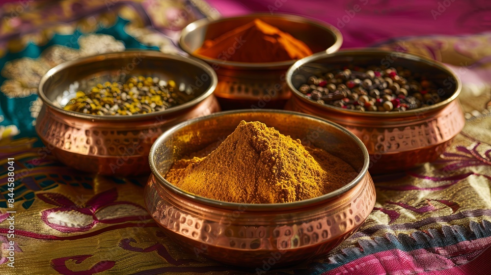 A close-up shot of traditional Indian spices, including turmeric, cumin, coriander, and garam masala, arranged in copper bowls against a backdrop of colorful fabric. Generative AI A close-up shot of traditional Indian spices, including turmeric, cumin, coriander, and garam masala, arranged in copper bowls against a backdrop of colorful fabric. Generative AI