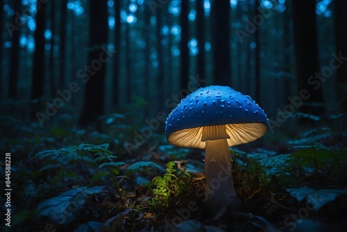 Glowing Blue Mushroom Illuminates Dark Forest with Ethereal Light - Perfect for Fantasy, Nature, and Mystical Themes © Janitha
