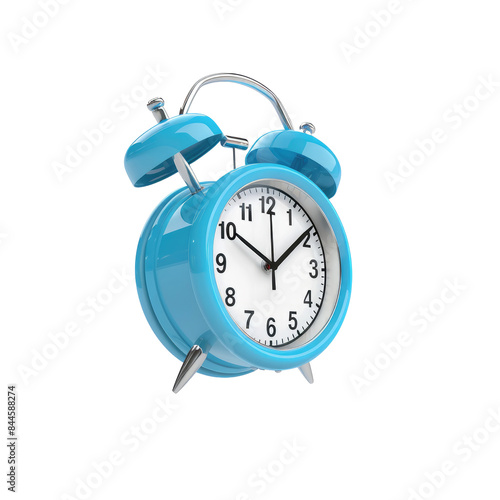 Isolated blue alarm clock flying over white background