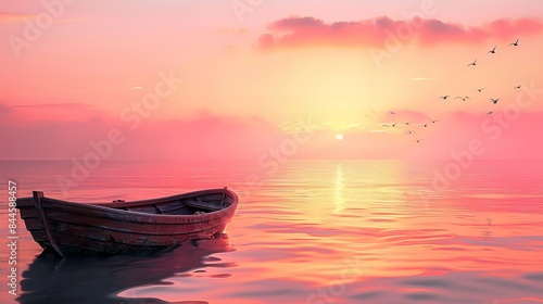 Wooden boat in the sea at sunrise, with birds flying in the pink sky. photo