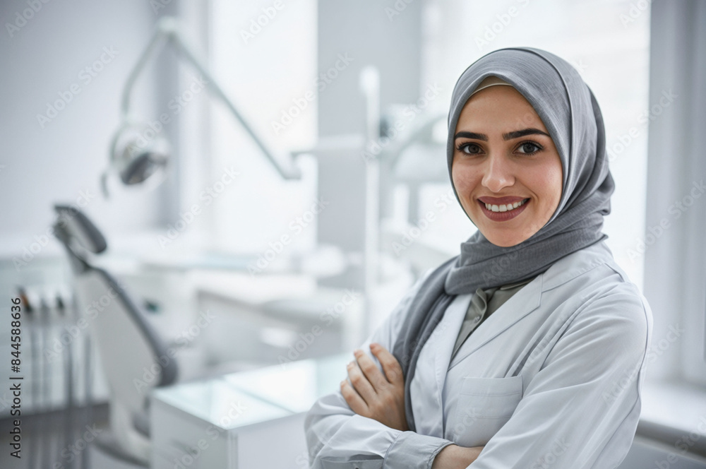 Dentist doctor. Portrait of attractive smiling Muslim woman dentist with hijab on head Dentist doctor. Portrait of attractive smiling Muslim woman dentist with hijab on head