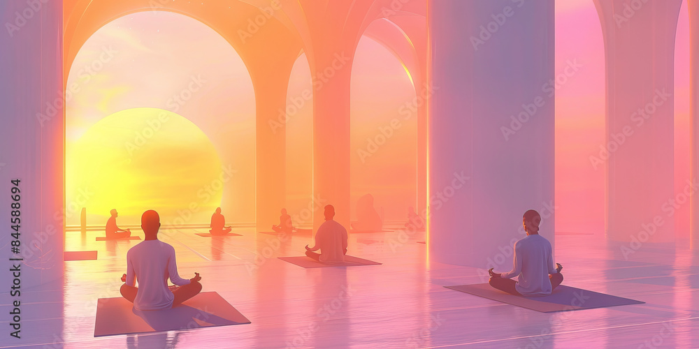 Spiritual Retreat: A scene of people meditating or practicing mindfulness in a serene, pastel-colored setting, illustrating the peacefulness and introspection of a spiritual retreat Spiritual Retreat: A scene of people meditating or practicing mindfulness in a serene, pastel-colored setting, illustrating the peacefulness and introspection of a spiritual retreat