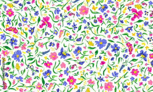 Various flowers with leaves seamless repeat pattern. Random placed, vector botany drawing aop, all over surface print on white background.