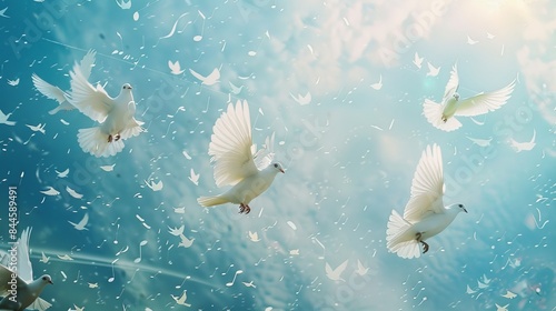 White doves soaring through the air, accompanied by musical notes. Birds singing melodiously high above, creating a surreal and breathtaking background. photo