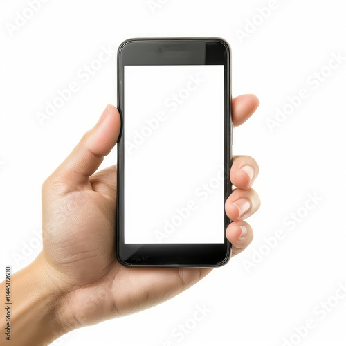 Hand holding smartphone on white background