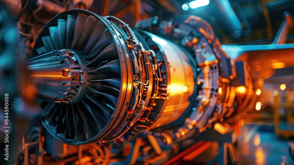In the aerospace industry, there's a detailed close-up examination of high-precision jet engine machinery, showcasing innovative technology and an advanced propulsion system.