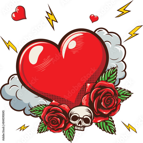 Red heart with roses. Retro tattoo design with red heart and roses with leaves.