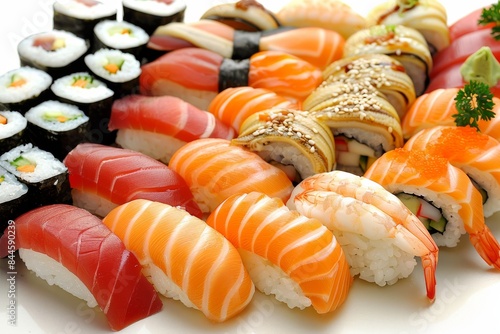 Assorted sushi rolls with various fish and toppings on white background, vibrant and delicious, perfect for gourmet dining and culinary delight