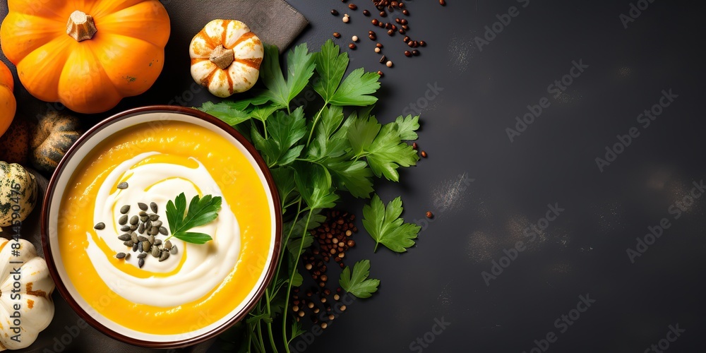 Top view cream pumpkin soup on a blank table mock up scene view Top view cream pumpkin soup on a blank table mock up scene view