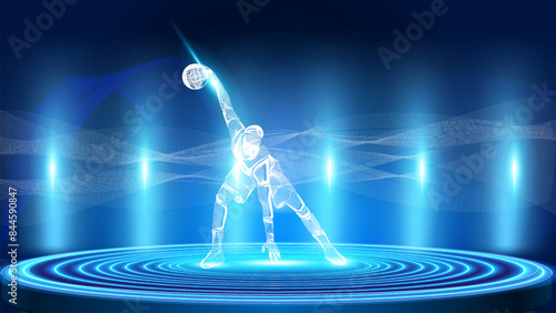 Futuristic vector design of the blended line art of a basketball player hologram on the spotlight podium.