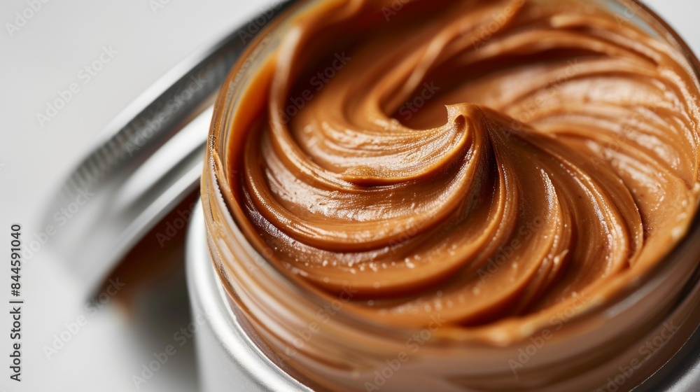 closeup shot of peanut butter glass jar on white background closeup shot of peanut butter glass jar on white background