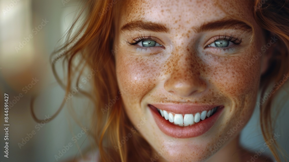 Radiant Freckled Woman with Striking Green Eyes and Warm Smile Radiant Freckled Woman with Striking Green Eyes and Warm Smile