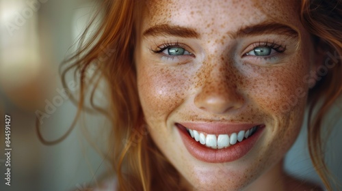 Radiant Freckled Woman with Striking Green Eyes and Warm Smile © Anastasiia