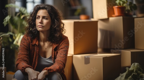 Pensive Young Woman Amidst Moving Boxes in New Home photo