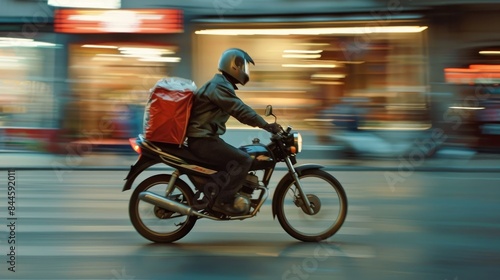 Pizza delivery boy speeding on motorcycle
