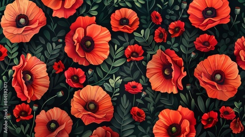 Red poppies flowers seamless pattern. Floral background.