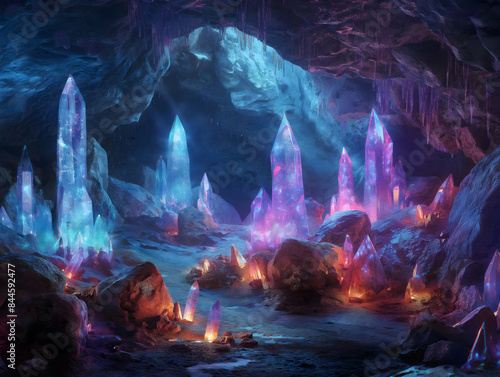 A mystical cave filled with glowing crystals and ancient runes