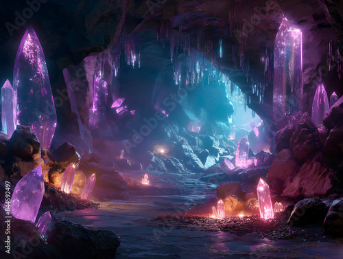 A mystical cave filled with glowing crystals and ancient runes