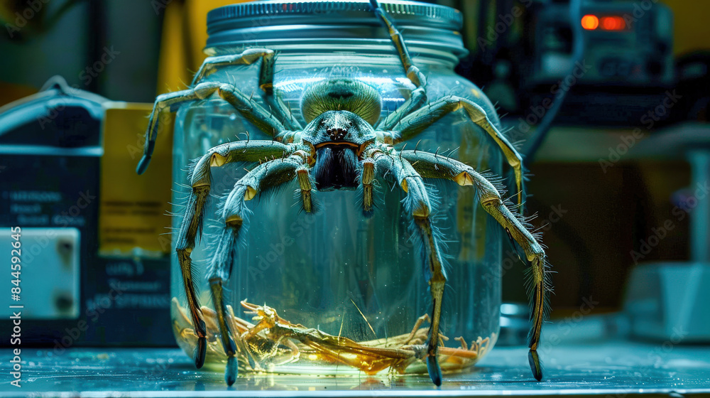 Photograph of a Large Green Spider with Long Hairy Legs in a Clear ...