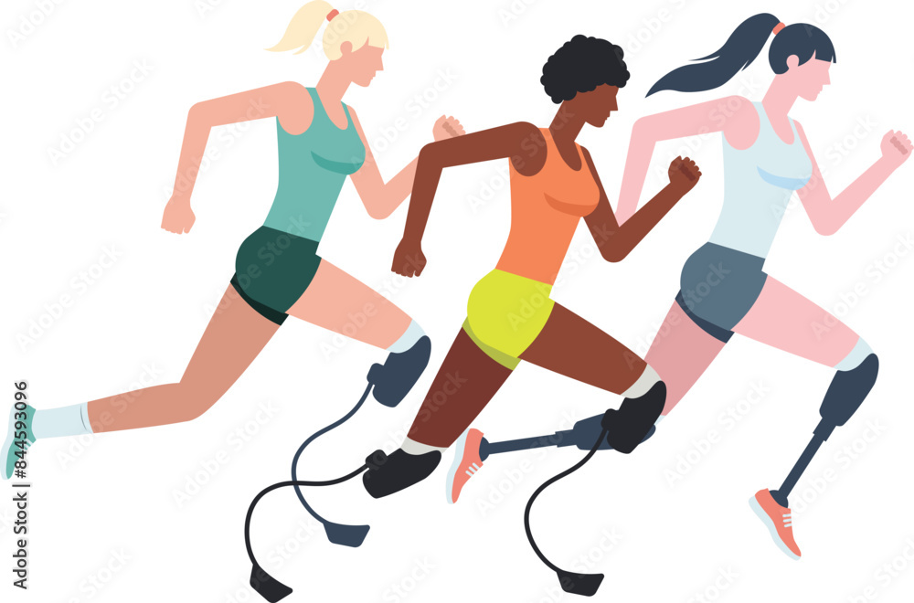 Obraz premium Illustration of three women running competition with leg prostheses in a tank top and shorts. Running paralympic athlete flat design illustration.