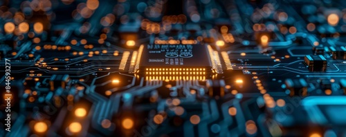Close up of microchips representing futuristic technology. Information technology and AI concept
