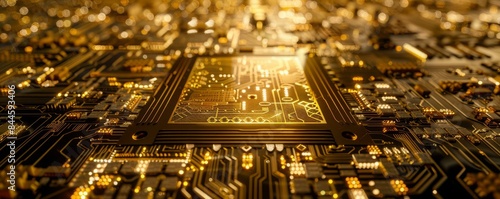 Close up view of golden microchips representing futuristic technology. AI technology concept.