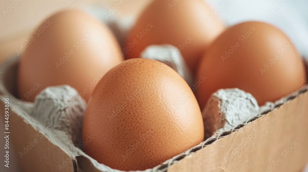Eggs inside cardboard box captured up close against white backdrop Eggs inside cardboard box captured up close against white backdrop
