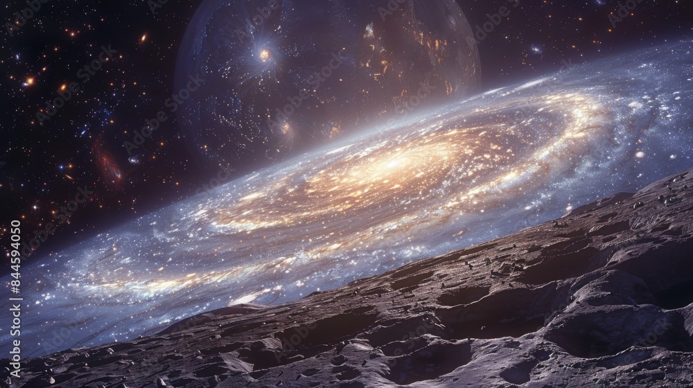 Fototapeta premium Spiraling Galaxy in the Night Sky Over Desolate Lunar Landscape