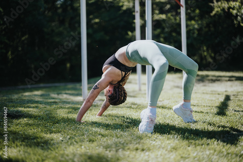 A young woman in athletic wear performing a back bend yoga pose during an outdoor workout in a sunny park. photo