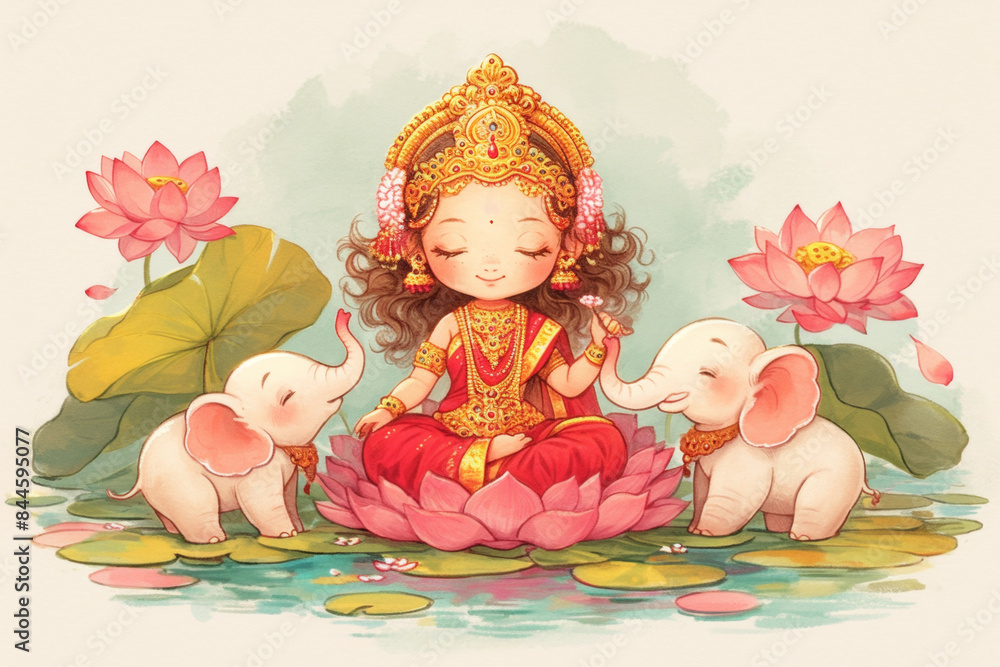 custom made wallpaper toronto digitalcartoon illustration of cute laxmi goddess on lotus with cute elephants