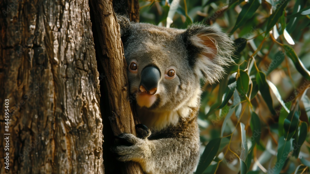 Fototapeta premium Koala bear peeking out from behind tree trunk, holding on with one hand and smiling at camera, high resolution photography