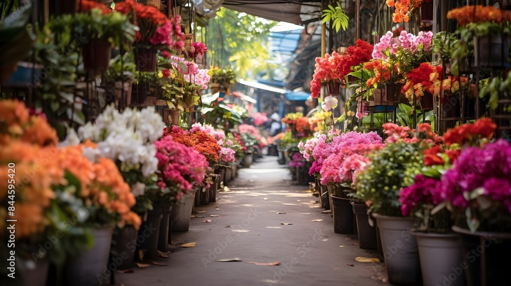 Colorful flowers in pots on the street market in Bangkok, Thailand