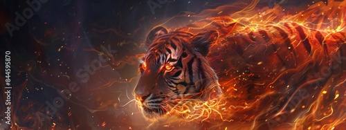 illustration of a tiger with flames on dark background photo