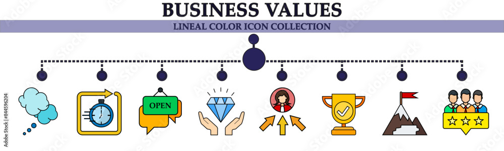 Business values lineal color icon collection. With icon of excellent, point of view, reward, thinking, fast response, communication, mission, good team. For sign, symbol, infographics or presentation Business values lineal color icon collection. With icon of excellent, point of view, reward, thinking, fast response, communication, mission, good team. For sign, symbol, infographics or presentation
