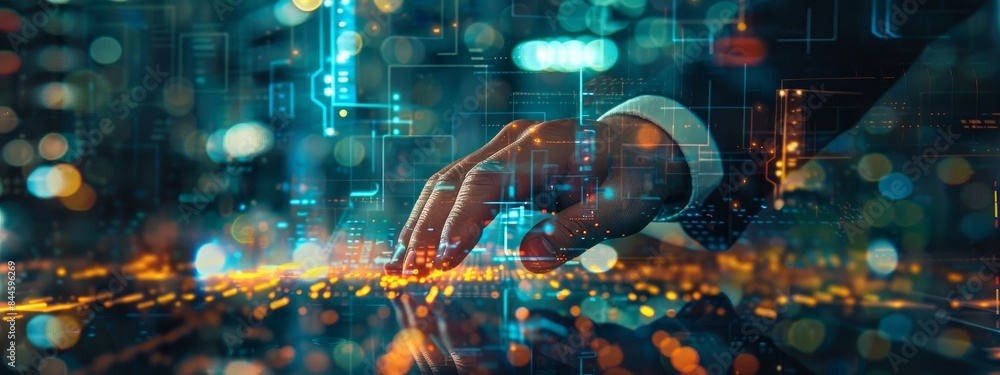 Double exposure of businessman hand working on laptop with digital background Double exposure of businessman hand working on laptop with digital background
