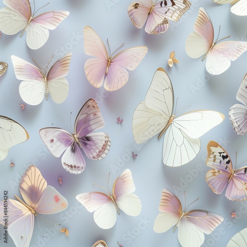 A variety of butterflies with different patterns are poised against a soft pastel blue background, creating a serene scene.